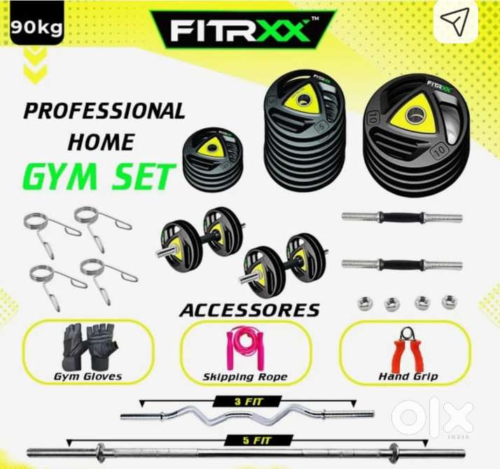 FITRXX 90kg metal rubber plates set with dumbell rods ,straight rod