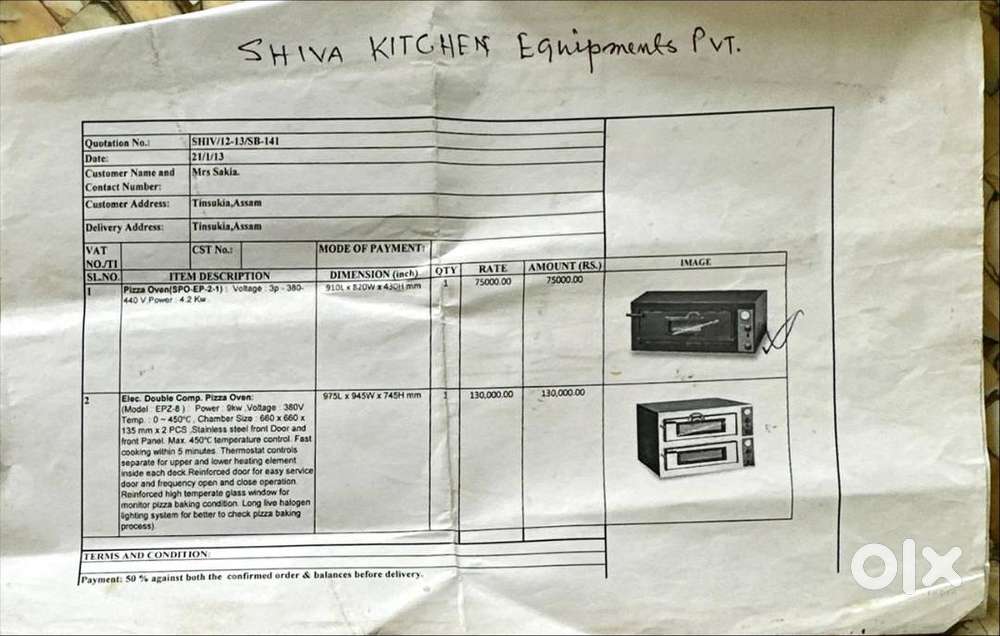 Pizza Oven (SPO-EP-2-1) Voltage 3p -380- 440 V Power 4-2kw