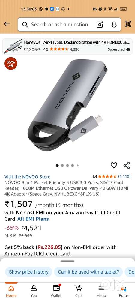 NOVOO 8 in 1 Pocket 3 USB 3.0, SD/TF Reader, Ethernet, HDMI, CHARGING