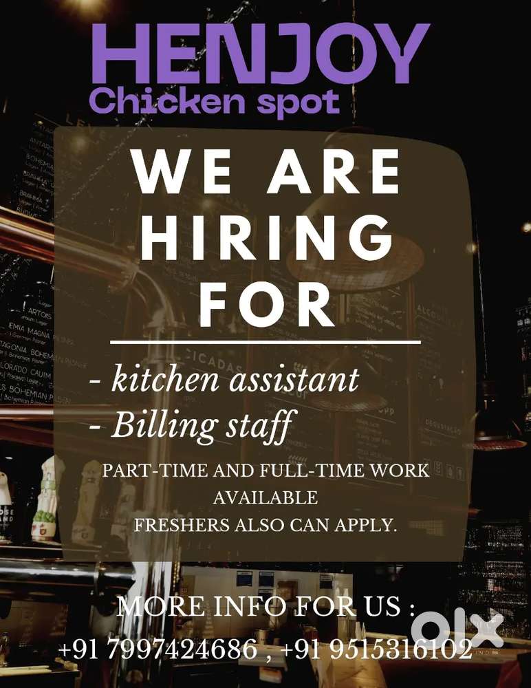 Wanted Kitchen assistant and female for cashier