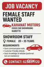 Energetic Female staff wanted  for used car showroom