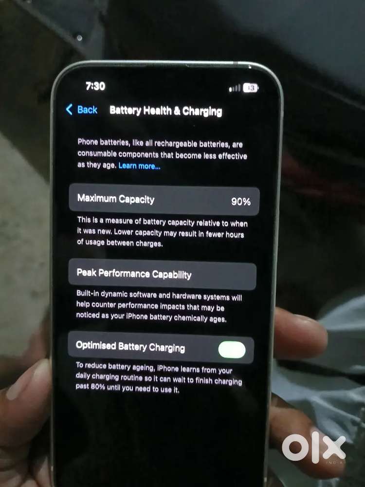 90%. Battery performance selling iphone13