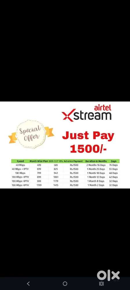 Airtel Xtreme Fiber Now Any plan 1500/- only