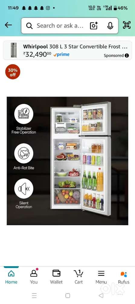 Double door Lg refrigerator 3 star