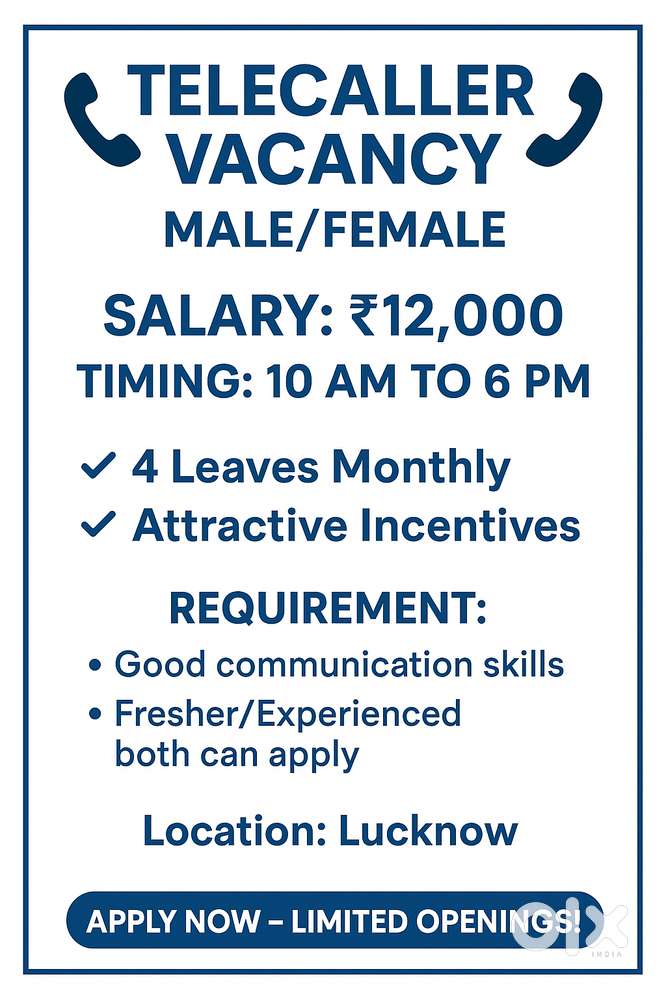 TELECALLER VACANCY – MALE/FEMALE