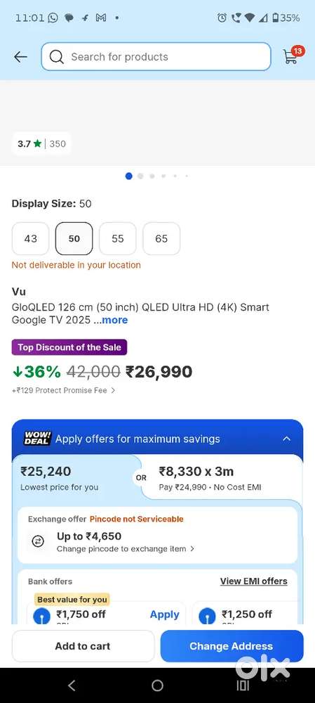 Brand new unbox VU 50 inch tv for sell amount is final