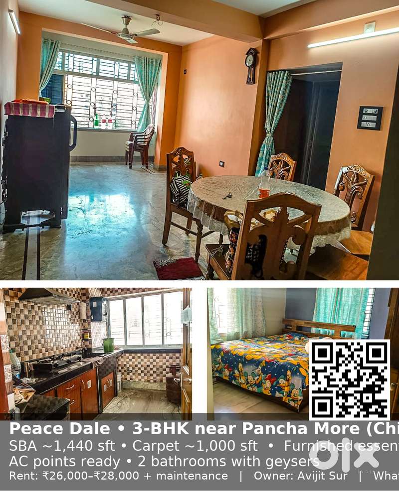 Peace Dale • 3-BHK near Pancha More (Chinar Park) • Furnished Essentia