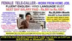 EXPERIENCED FEMALE TELE-CALLER to WORK FROM HOME - Rs.25,000+/MONTH &