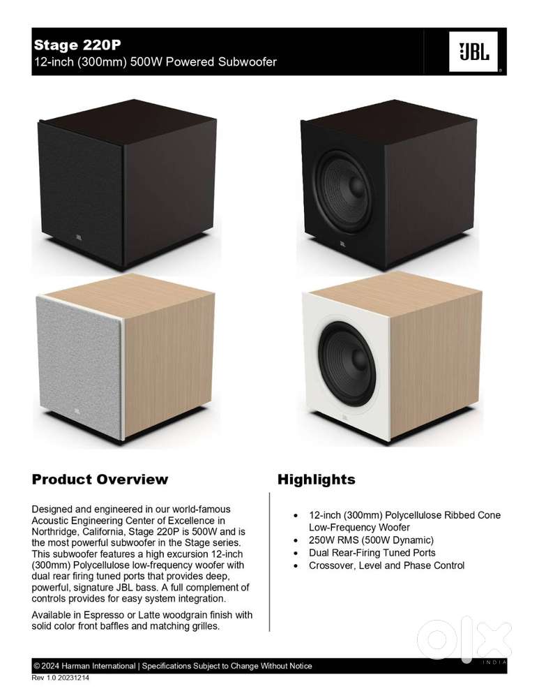 JBL 220P 12 rear firing subwoofer
