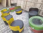Drum sofa's and tables made of tires with tuffen glass