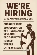 Hiring CNC and VMC Operator,Turner,DRO Operator,Driver and Welder