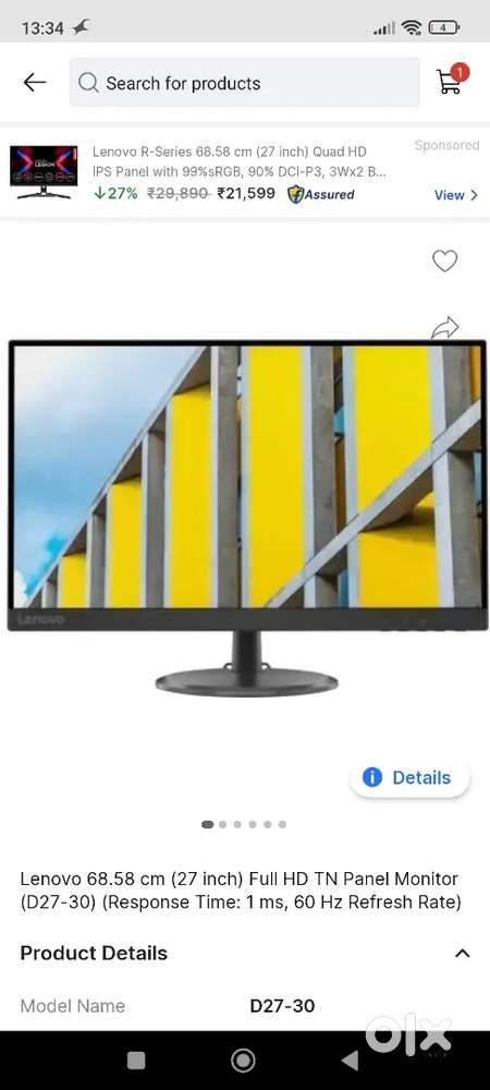 Lenovo 27 inch HD TN Panel Monitor