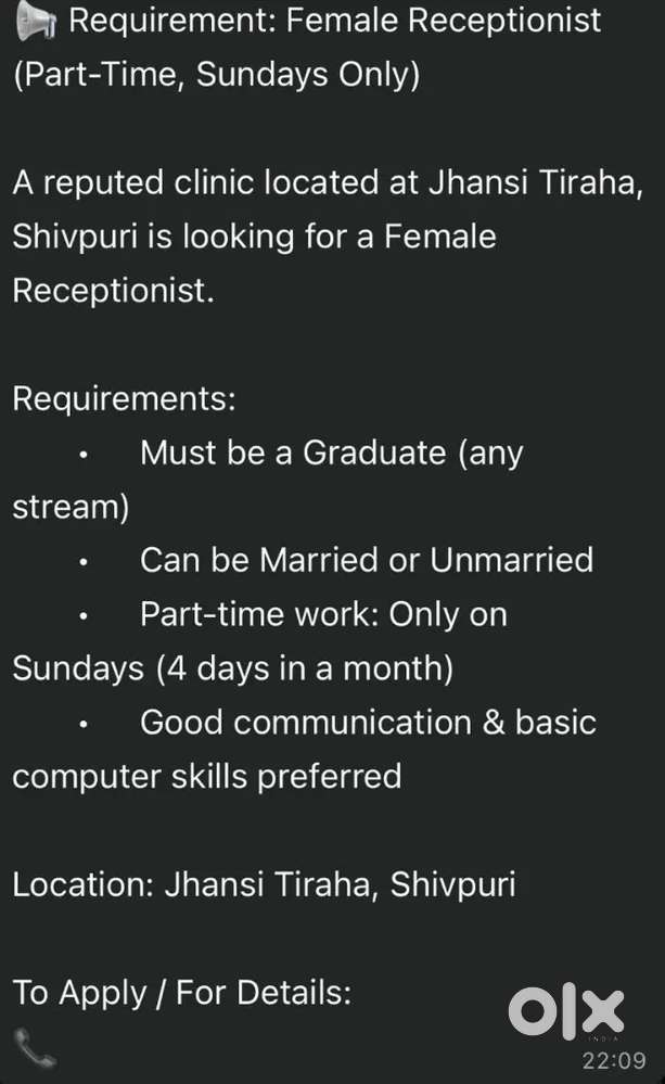 Receptionist For Clinic