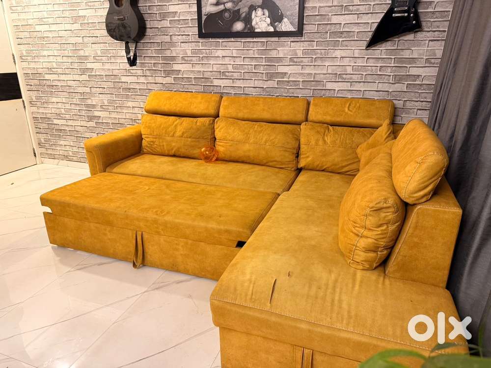 Mustard Yellow sofa cum bed with storage