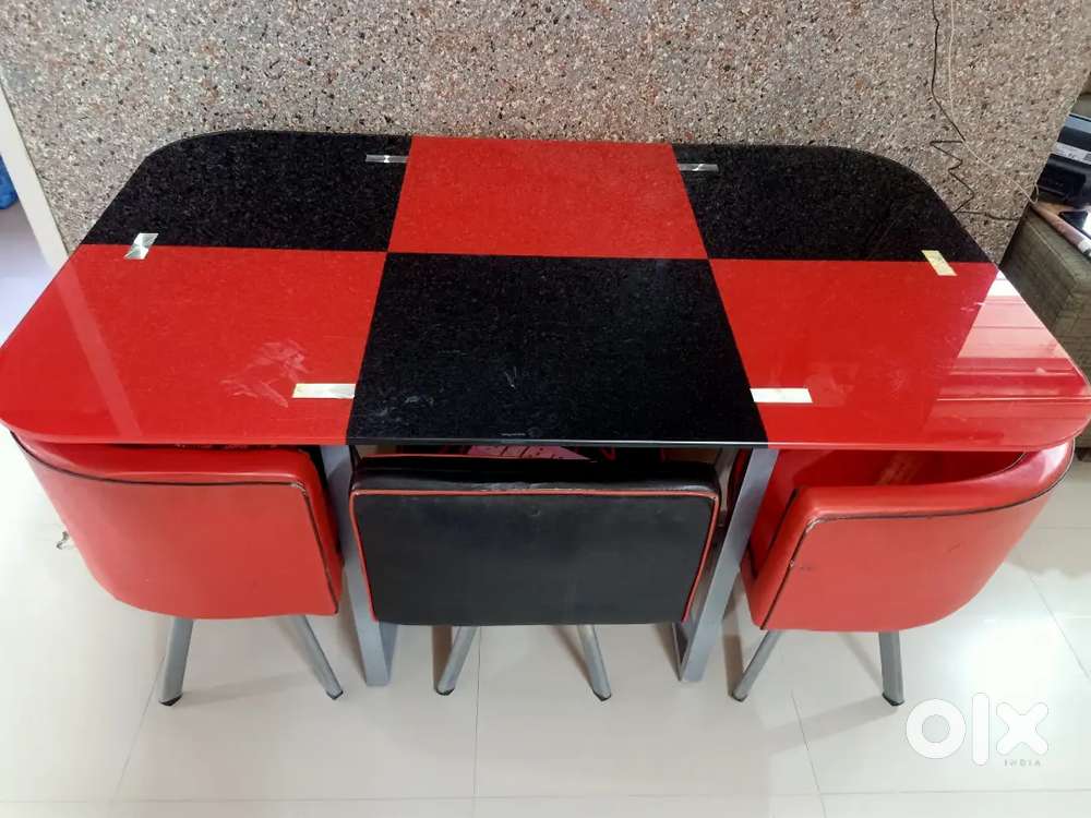 Modern 6-Seater Glass Dining Table - Space Saving Design (Red & Black)