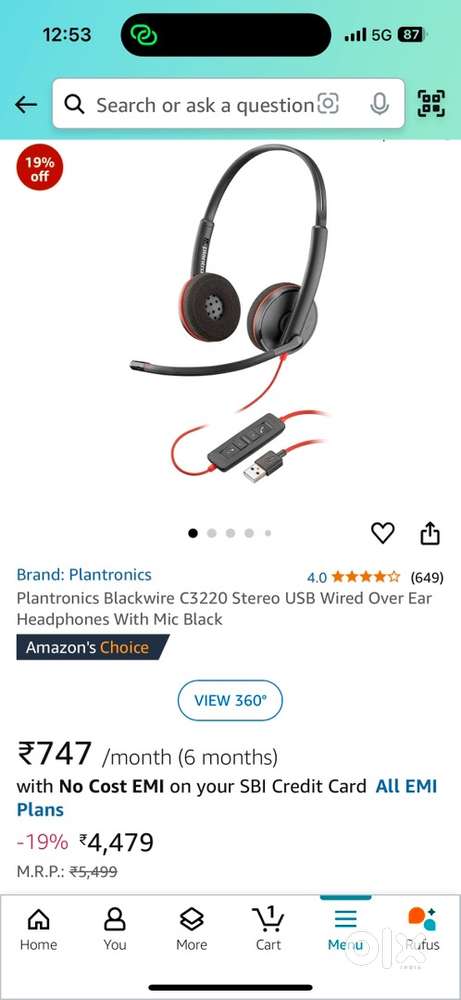 Plantronics Black wired C320 Stereo USB wired over ear Headphones with