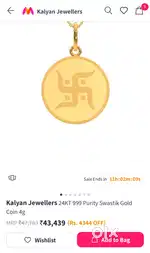 Discounted 1500 /Kalyan Jewellers 24KT 999 Purity Swastik Gold Coin 4g