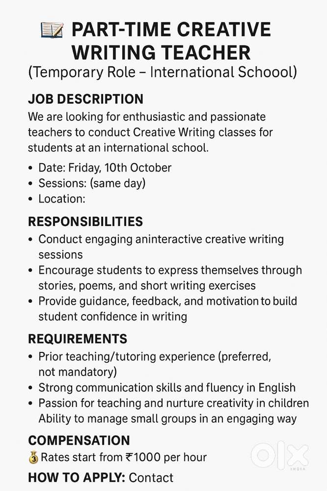Part time Creative Writing Teacher (For international School)