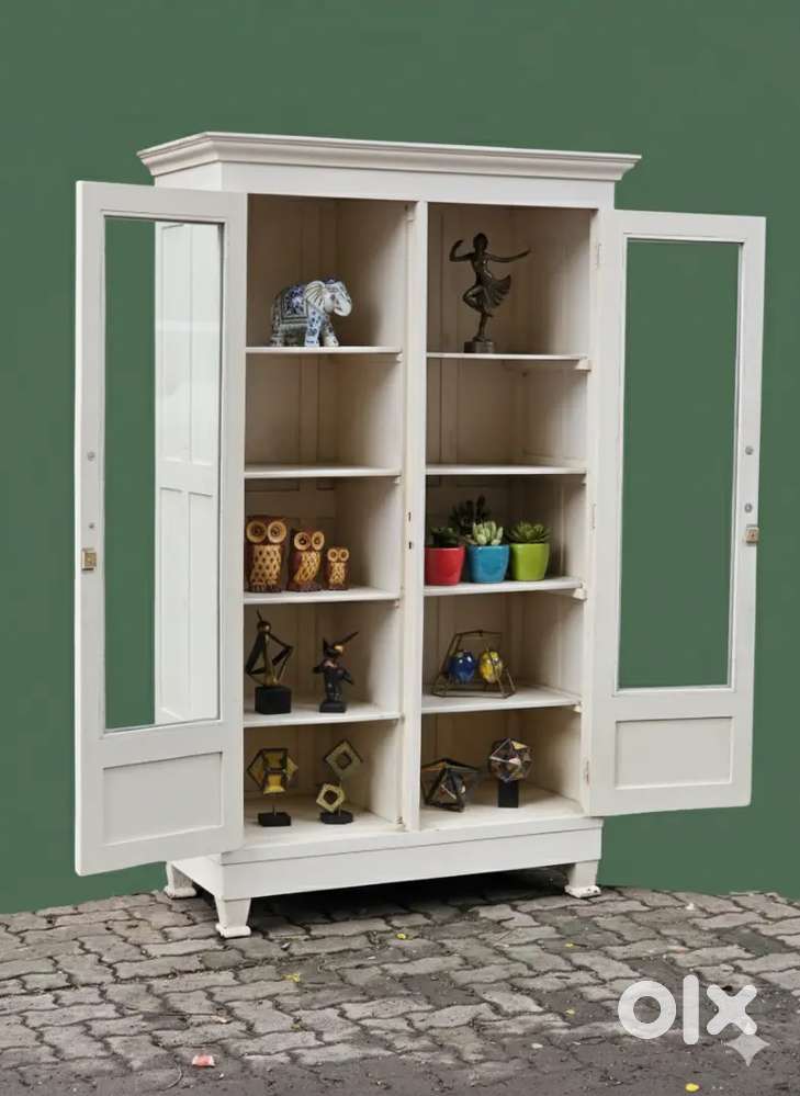 Antique teakwood glass door cabinet
