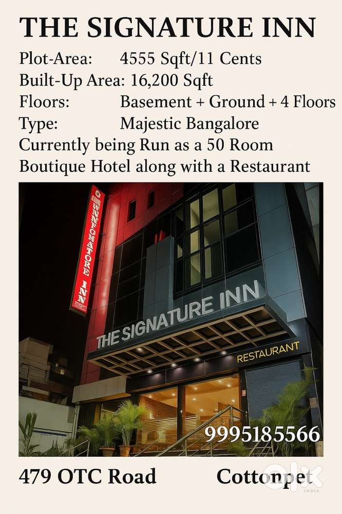 50 Room Boutique Hotel with Restaurant for Sale in Majestic, Bangalore