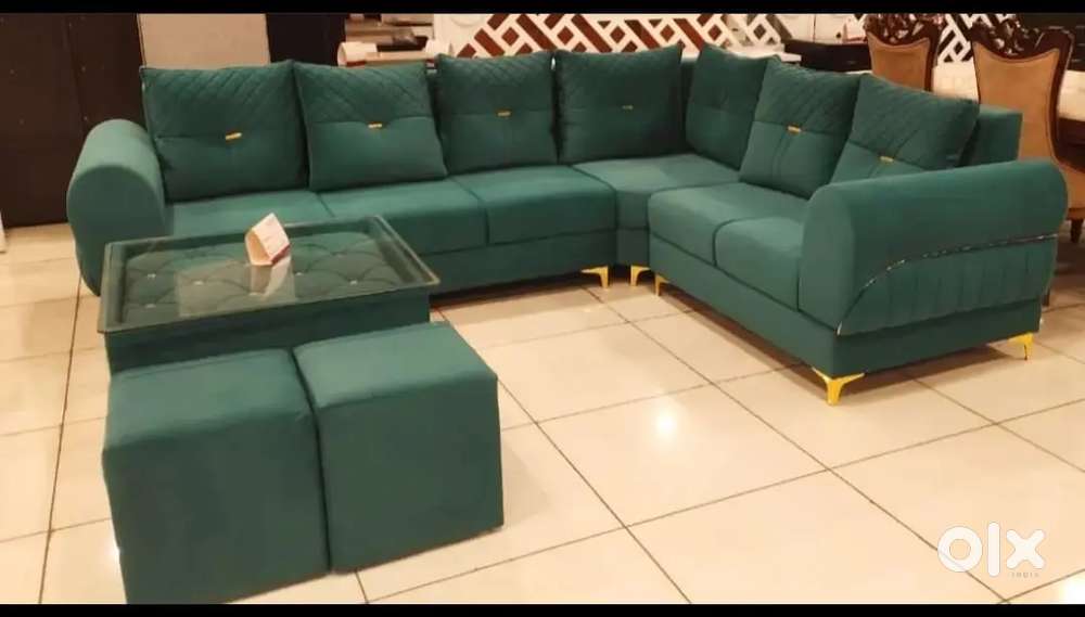 L shape sofa and handle with stripes and pillows in stripes model