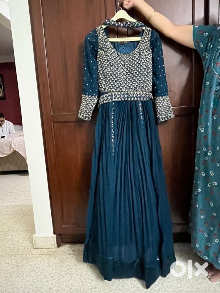 Navy Blue Ethnic Gown, Gold/Pearl Embroidery