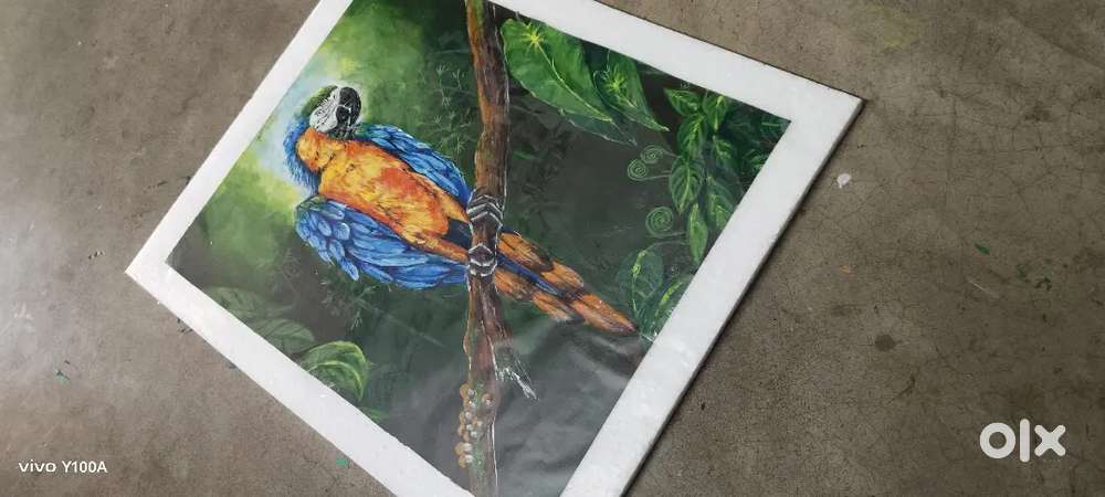 Beautiful makaw parrot painting on canvas paper