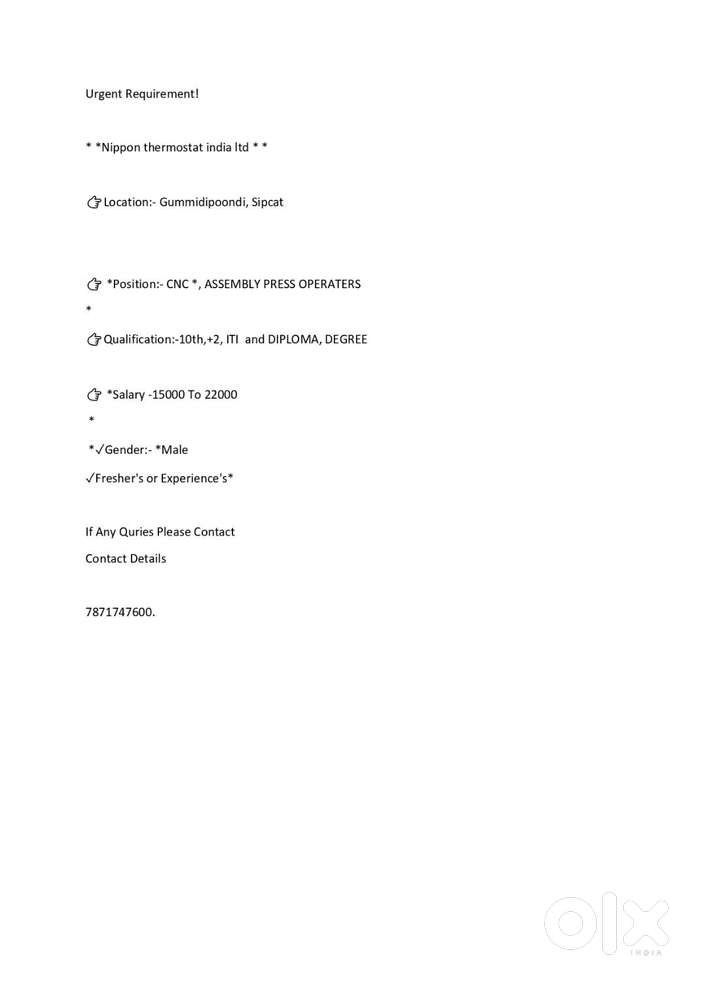 CNC *, ASSEMBLY PRESS OPERATERS