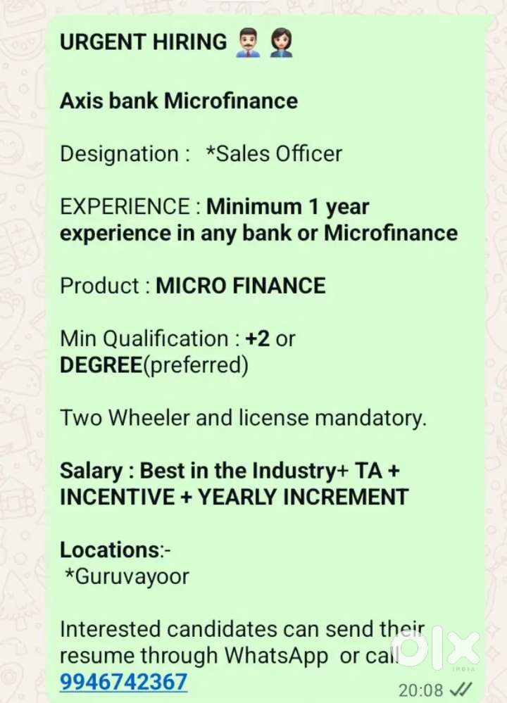 Wanted Field executive For axis bank microfinance section