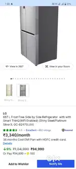 Side by side 650 L fridge Rs15,000