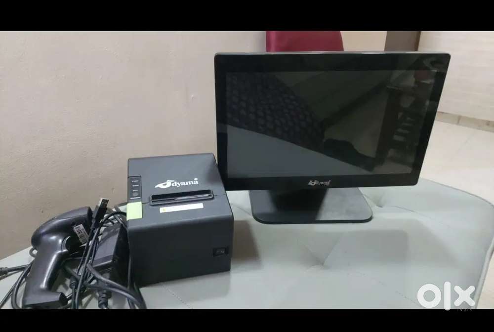 A computer,  barcode printer, bill printer and scanner