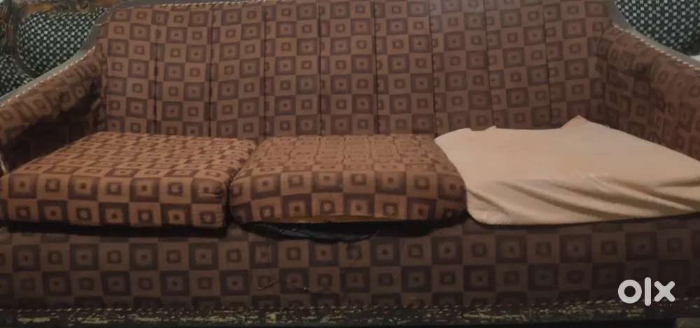 Sturdy Vintage-Style Sofa with Carved Wooden Arms