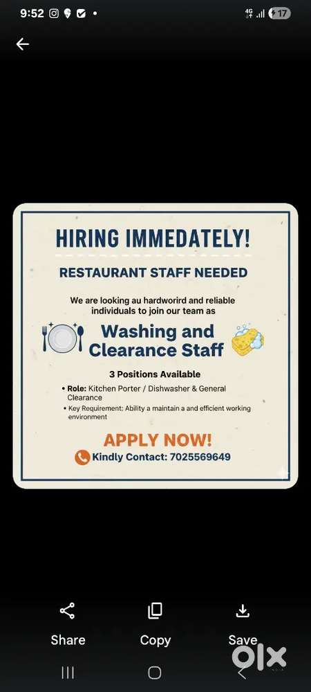 Hiring dish washing for a cafe in kodungalloor kerala