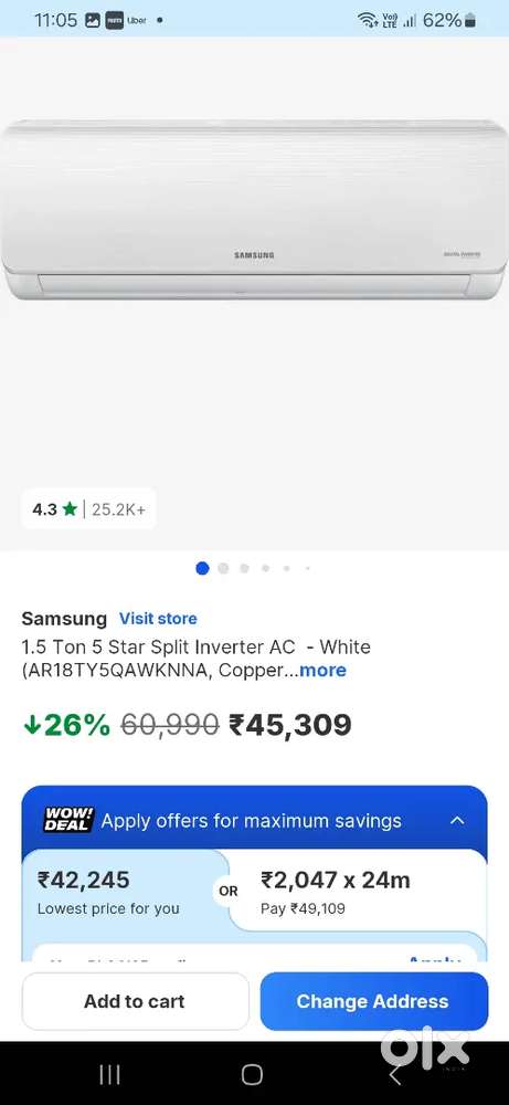 Samsung 1.5 ton inverter 5 star in copper used for 1 year.