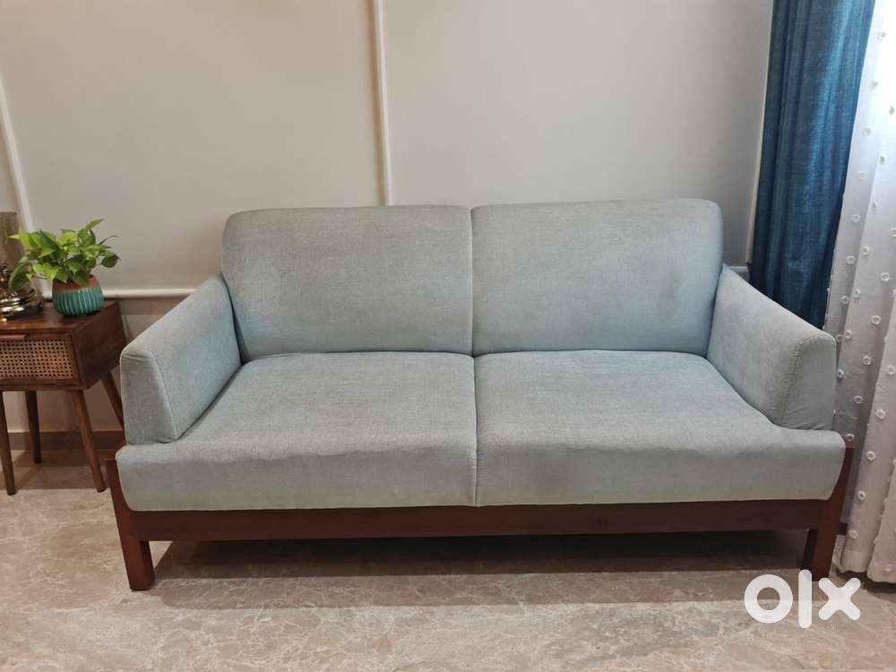 Sky Blue 3-Seater Teak Wood Sofa - Perfect Condition!