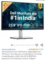 Dell P2422H 24 Inch, FHD Monitor 1920x1080 Pixels, IPS Panel,