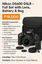 Nikon D5600 DSLR – Full Set with Lens, Battery & Bag |
