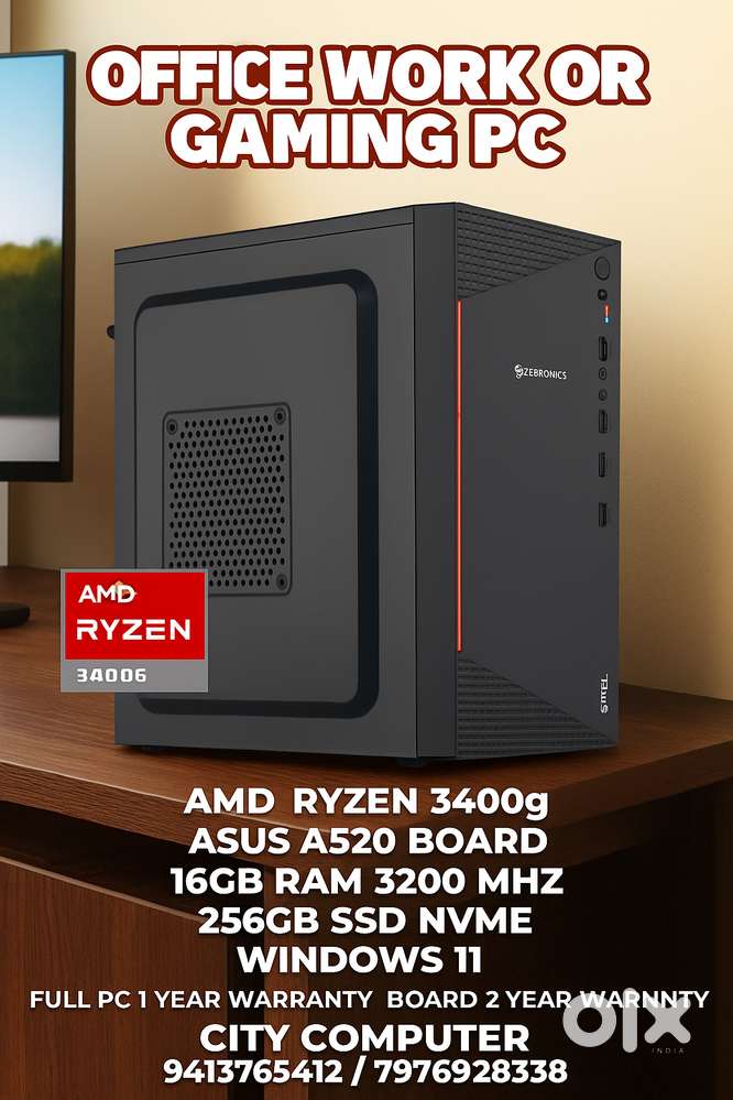 Office Work or Gaming PC Ryzen 3400g 16GB Ram 256GB SSD A520 Board