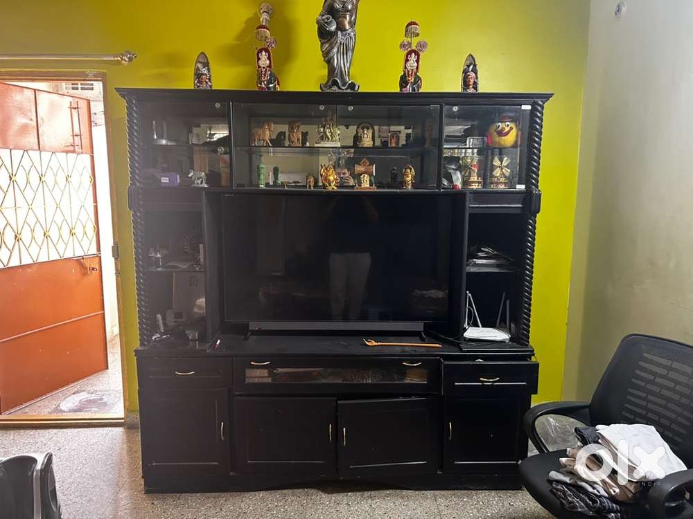 Black TV Cabinet with Glass Shelves & Multiple Storage Compartments