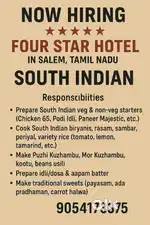 South Indian chef for a leading four star hotel in Salem Tamil Nadu