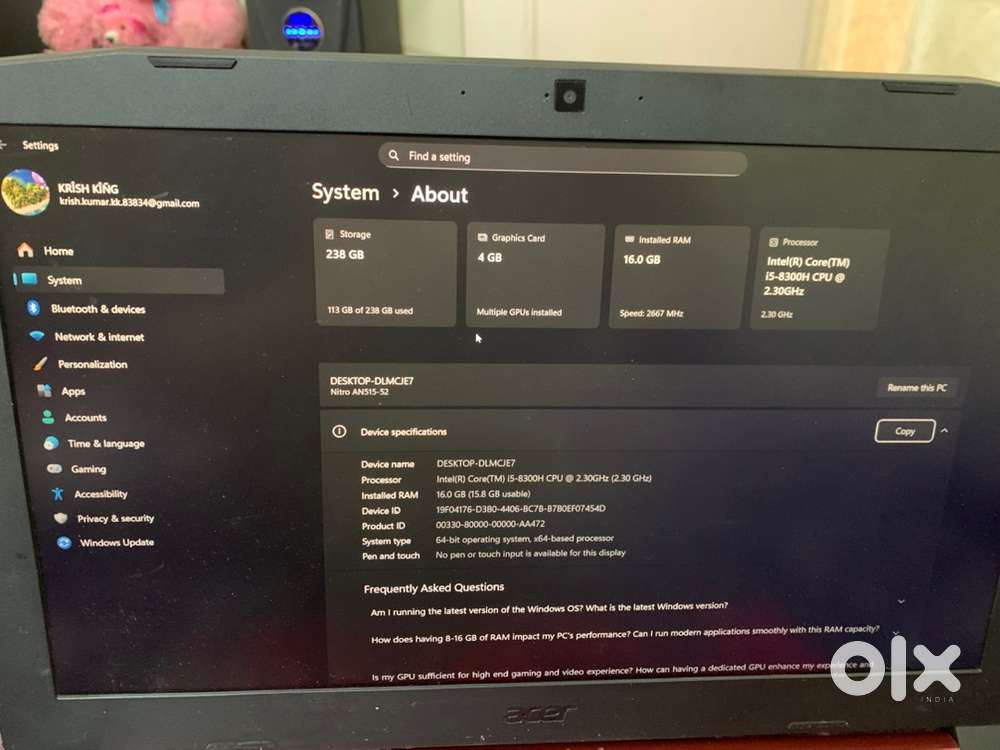 Acer nitro 5 gaming laptop i5 8th gen GTX 1050ti 16gb ram