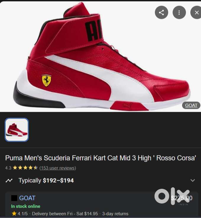 Men's Puma Scuderia Ferrari Kart Cat Mid 3 (size- UK-10, US-11, 29CM)