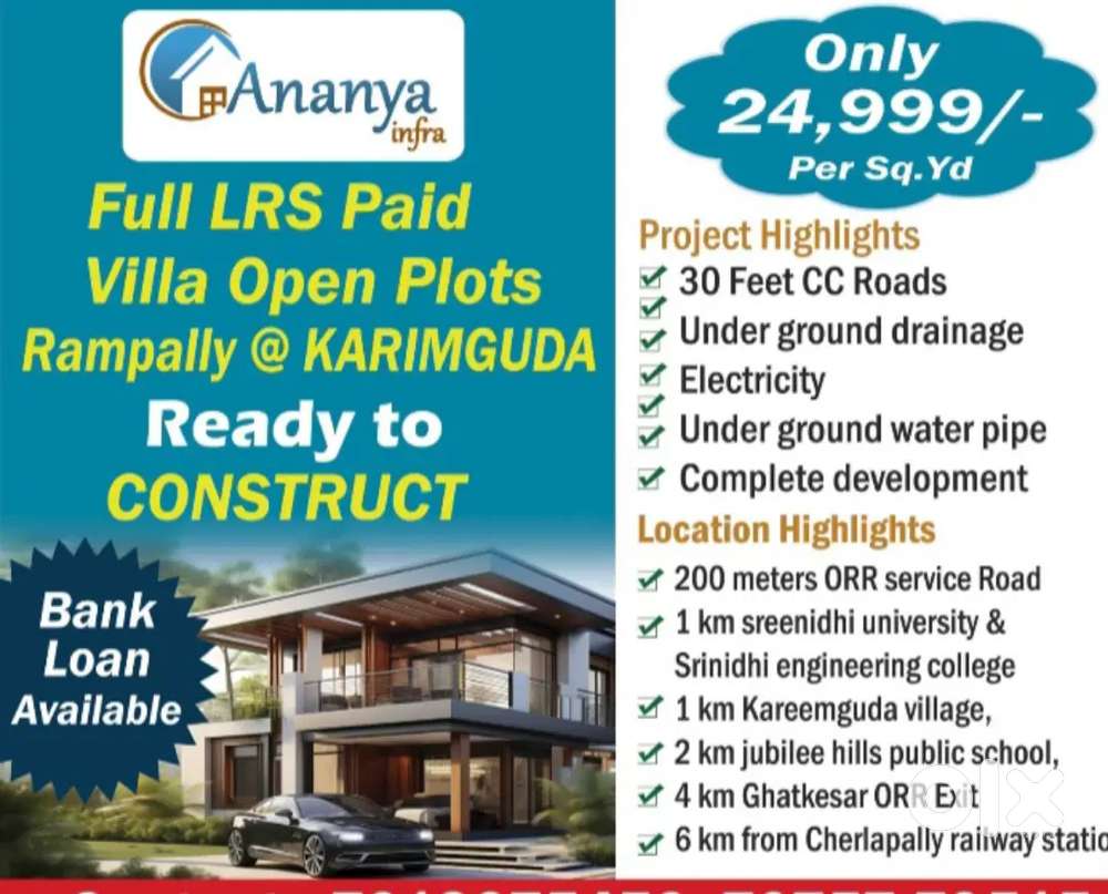 Nearby,  GHATKESAR,  RAMPALLY,  HMDA VILLA PLOTS