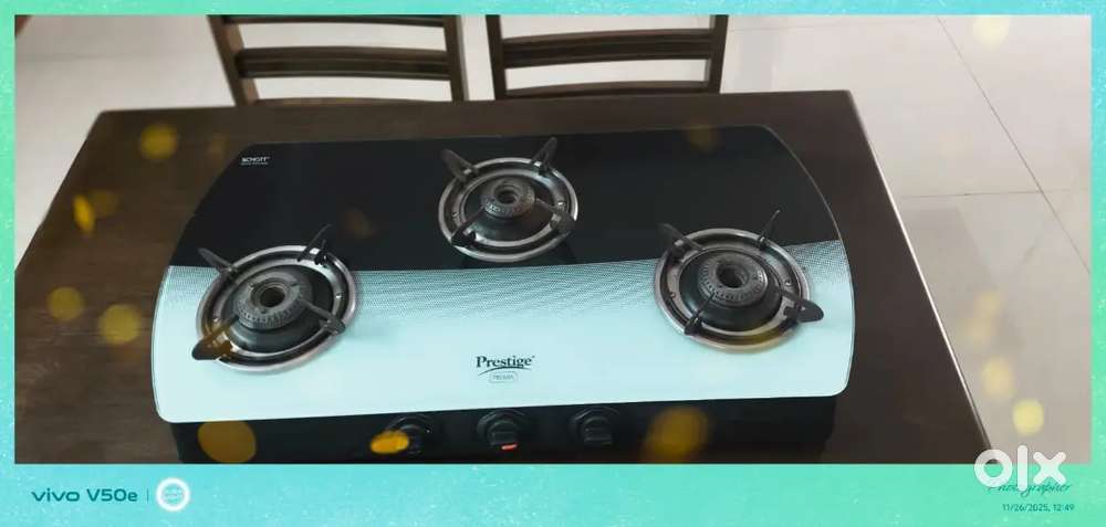 Prestige 3 burner gas stove with white toughened glass top