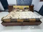 Heavy wooden bed with mattress & side tables