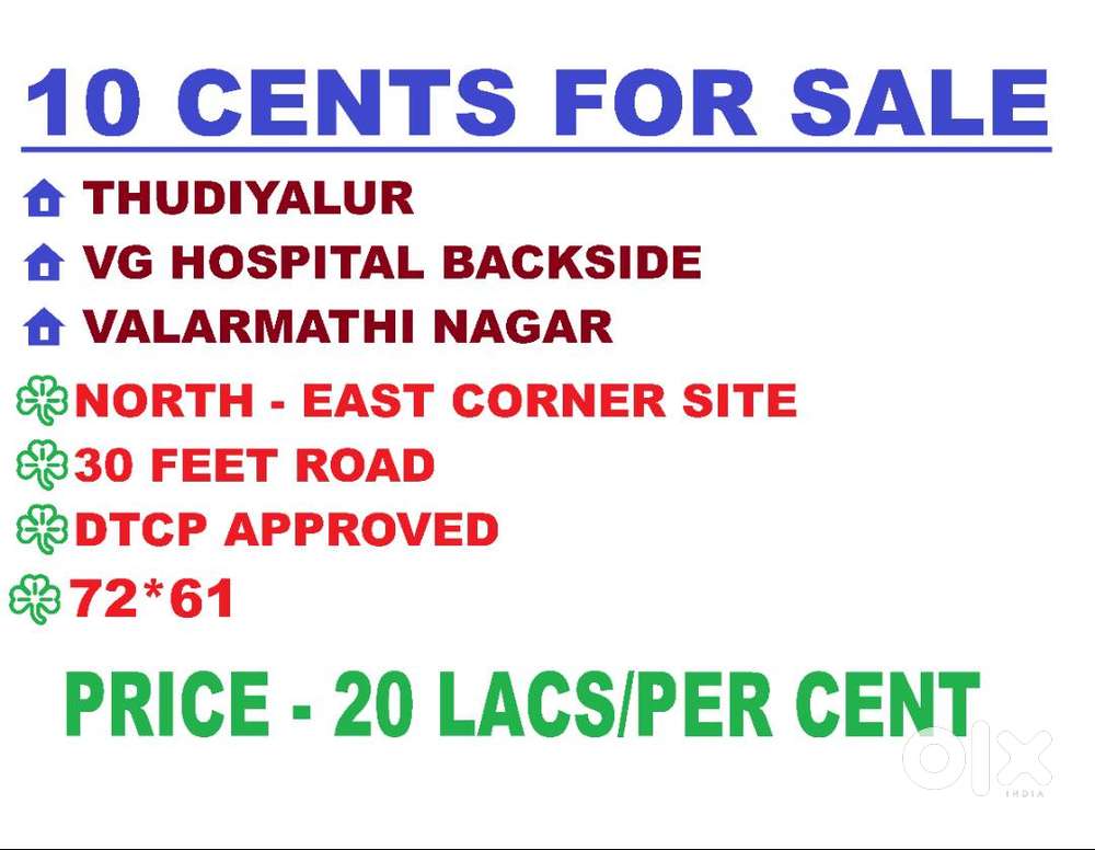 10 CENTS FOR SALE - THUDIYALUR- DTCP - NORTH EAST CORNER SITE-20 LACS