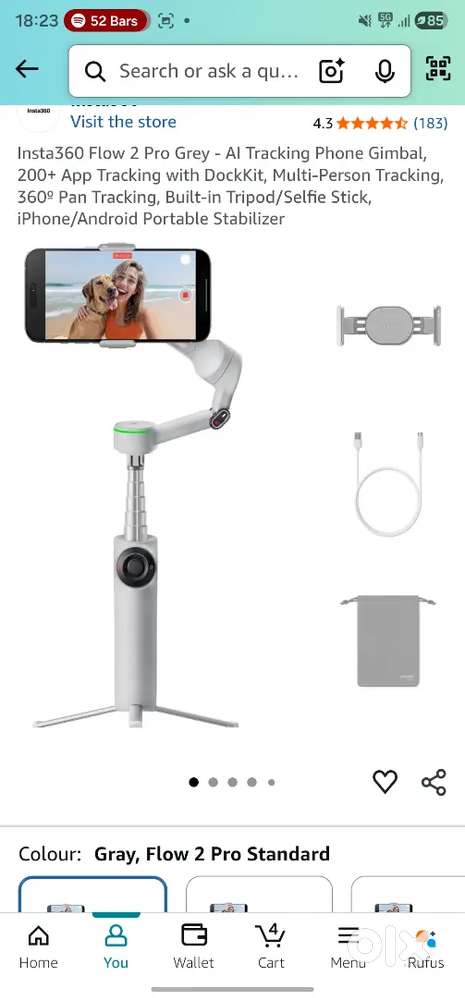 2months old Insta360 Flow 2 Pro Grey - Al Tracking Phone Gimbal