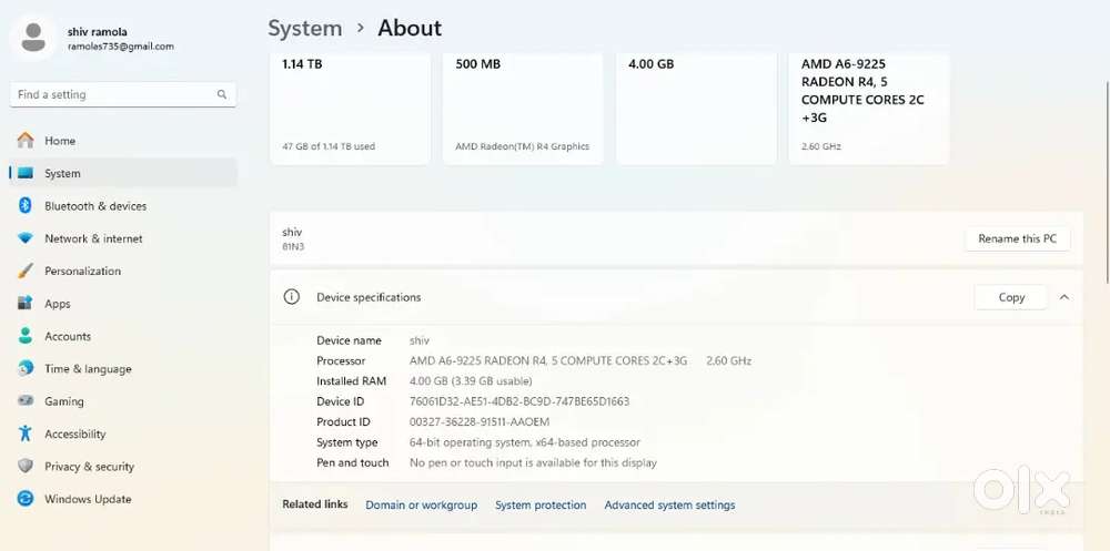 Laptop for Sale - Lenovo (AMD A6, 4GB RAM, 1TB HDD)