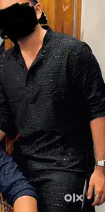 Men’s Black Mirror Work Kurta – Size 42 – Available for Rent