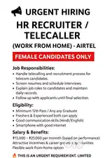 Urgent Hiring – HR Recruiter / Telecaller (Work From Home) – Airtel